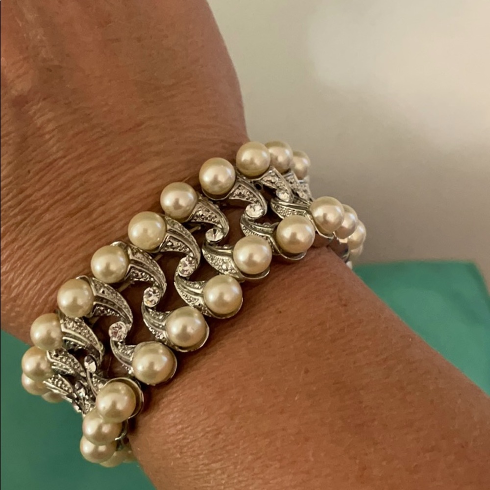 Faux pearl and diamond bracelet